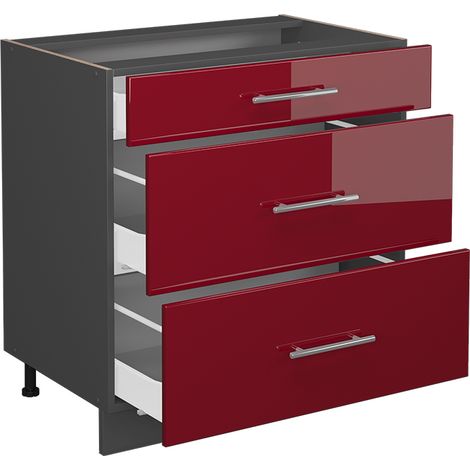 Mobiletto base per cucina Fame-Line, Bordeaux lucido, 80 cm con 3 cassetti, senza piano di lavoro, Vicco (1/5)