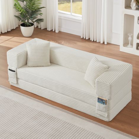 Divano letto 2 posti bianco in schiuma con rivestimento effetto velluto a coste (1/5)