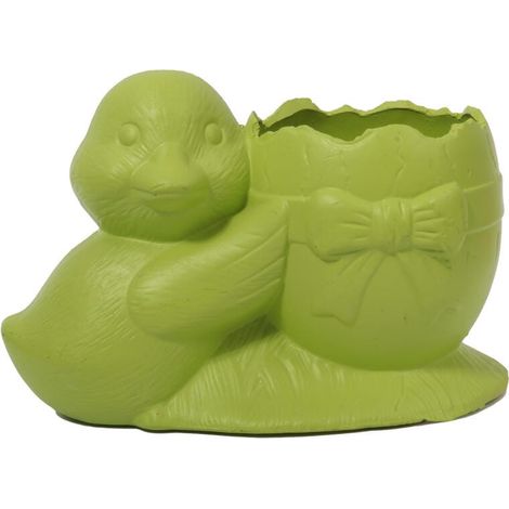 Decorazione pasquale in ceramica verde: vaso da fiori a forma di uovo con un'anatra. (1/3)