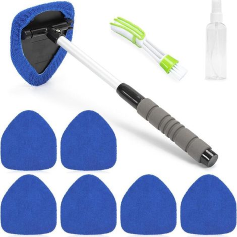 Nettoyeur de Pare-Brise avec 6 Tampons en Microfibre, Flacons Pulvérisateurs et Manche Télescopique Rotatif à 180 Degrés, Kit de Lavage de Fenêtres de Voiture, Bleu (1/5)