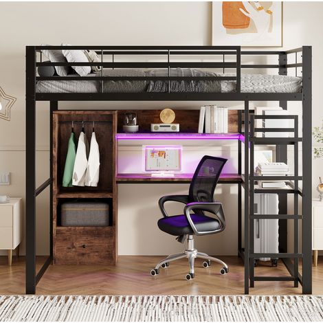 Cama alta moderna 140x200 cm de metal y MDF negro con escritorio, 1 cajón, estantes, LED y barandillas (1/5)