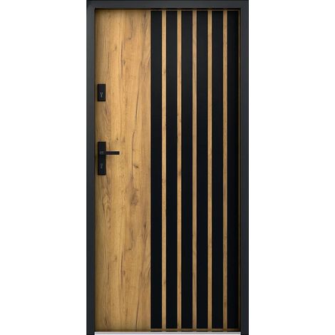 Porte d'entrée pleine en acier H207 x L100 cm - Effet chêne avec rayures noires - poussant droit - COBRITA