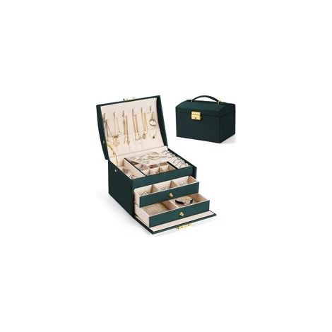 Boite a Bijoux Femme Fille, Boîte à Bijoux Coffret à Bijoux Rangement Bijoux Organisateur pour Bagues Bracelets Boucles d'oreilles Montres Lunettes Cadeaux de Noël Vert Foncé 17x14x13cm BOX02