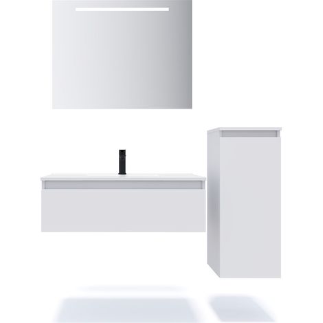 Meuble de salle de bain suspendu vasque intégrée 90cm 1 tiroir Blanc + miroir + colonne ouverture droite - Hudson (1/5)