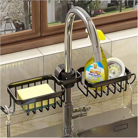 Support Pour Éponge De Robinet De Cuisine Organisateur Pour Évier Au-dessus Du Robinet Support De Vidange De Robinet Suspendu Pour L'organisation De L'évier (Noir-Double)