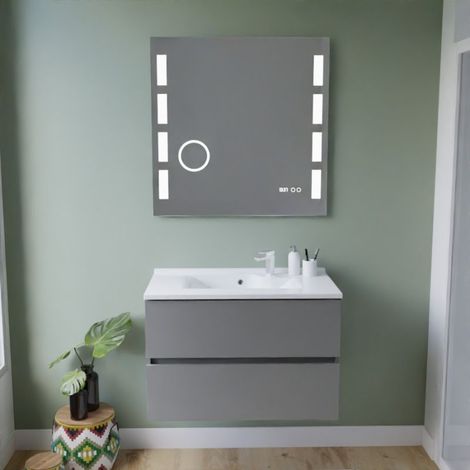 Meuble vasque ROSALY INOX 80 cm + miroir Excellence- Gris- Plan vasque en Résine