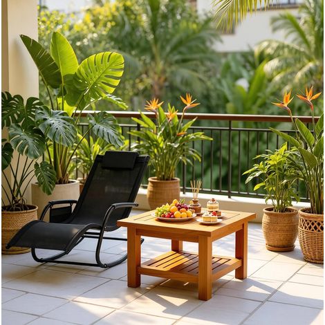 Silla mecedora de exterior de metal y poliéster negra, ergonómica con reposacabezas y bolsillo lateral (1/4)