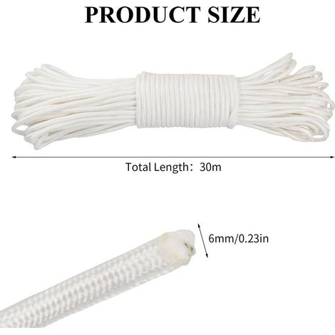 30 m Nylonseil 6 mm 8 mm, wasserdichtes Flaggenleinen-Flechtseil, Wäscheleinenkordel für Segelboote, Garten, Camping und Outdoor (6 mm) (1/5)