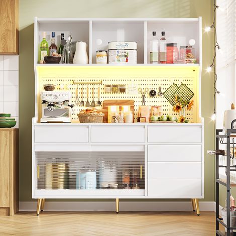 Meuble colonne moderne avec éclairage LED et commande via application, meuble de cuisine ou de salle à manger avec tiroir, buffet avec étagère de rangement et panneau perforé, 145x39x171 cm, blanc (1/5)