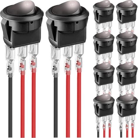 Interrupteur de bascule rond 10pcs 12V 20A 3Pin câblé LED Light Power On Off Interrupteur de bascule éclairé SPST avec fils de borne verrouillés de 30pcs, LED blanche