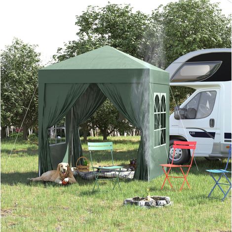 Cenador plegable de 2x2 m con 4 laterales desmontables, 2 ventanas, 2 puertas con cremallera y estructura de acero verde oscuro. (1/5)