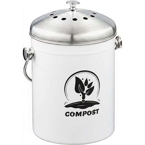 Relaxdays Secchio per compost da cucina 5 l, piccolo bidone con coperchio e filtro antiodori, metallo bianco