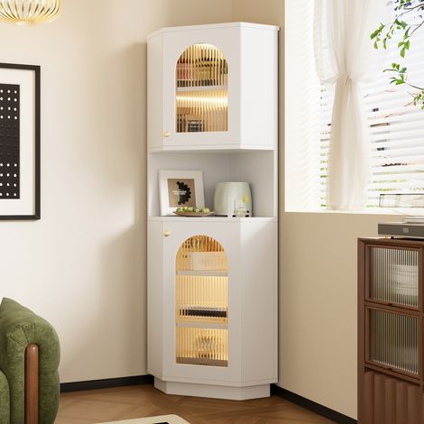 Bad-Eckschrank 45x45x166.5 cm weiß aus MDF mit Lichtleiste und Glastür (1/5)