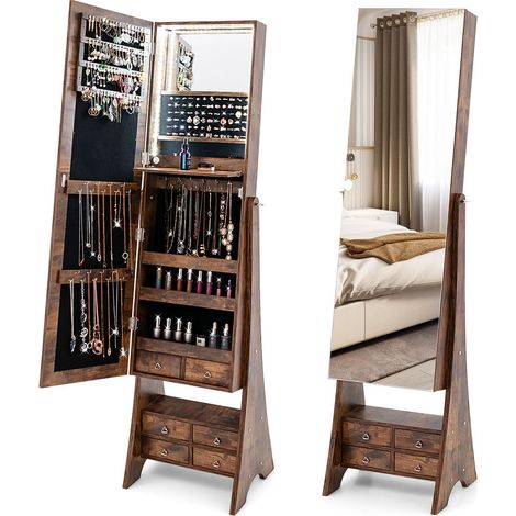 MDF brun rustique armoire à bijoux sur pied avec miroir LED, 6 tiroirs et étagère maquillage pour chambre (1/5)