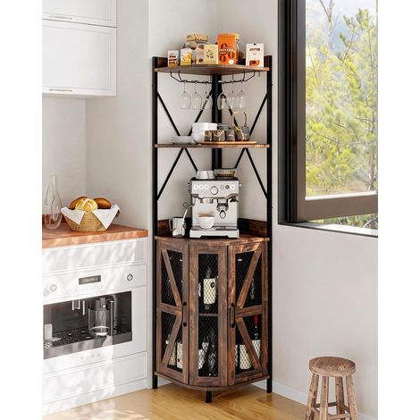 Armoire à Vin d'Angle Avec Prise électrique, Meuble Bar De Style Industriel Avec Bande LED Et Porte-Verres, Buffet En Bois à 4 étagères Pour La Maison Et Les Petits Espaces, Porte En Treillis (1/5)