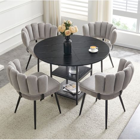 Conjunto de mesa redonda de 107 cm y 4 sillas, 2 estantes, estilo industrial, negro/gris (1/5)