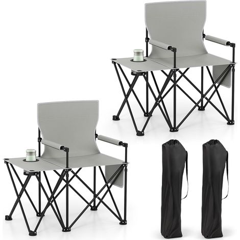 GOPLUS Lot de 2 Chaises de Camping avec Table d'Appoint, Chaise de Plage Pliante avec Porte-gobelet, Poches de Rangement, Ultra Leger, Sac Transport, Charge 150 kg, pour Pêche, Pique-Nique (Gris) (1/4)