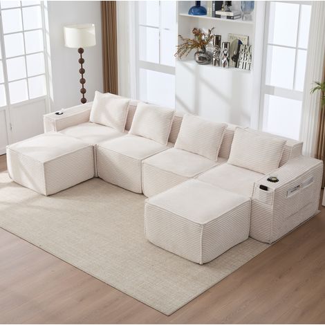 Modulares 4-Sitzer-Sofa aus beigefarbenem Cord mit 2 Hockern, Becherhaltern und Taschen OKMYHOME (1/5)