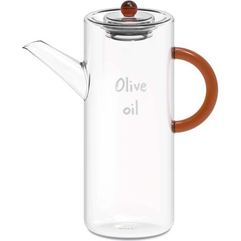 WD Lifestyle Oliera in Vetro Borosilicato Trasparente con Manico Marrone e Scritta Olive Oil – Oliera da Tavola (1/2)