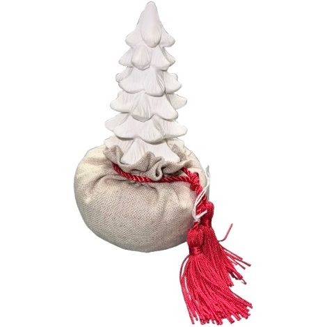 ALBERO DI NATALE IN CERAMICA BIANCA, POSIZIONATO IN UN SACCHETTO DI IUTA CON CORDINO ROSSO