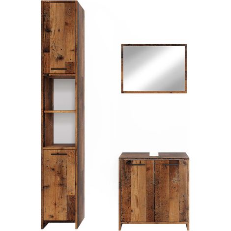 Set mobili bagno Kiko, Rovere rustico, 3 parti, con armadio alto, Vicco