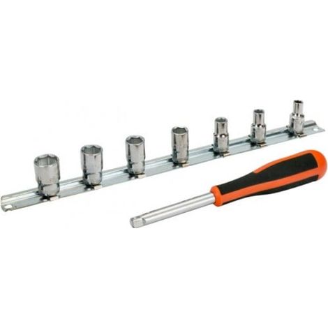 BAHCO - Jeu de douilles 1/4" , profil 6 pans en pouces et rallonge , manche - 7 pcs/rail
