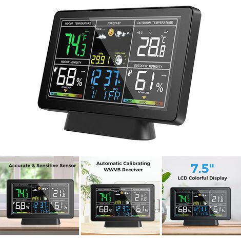 Station météo intelligente à écran couleur, horloge de mesure de la température et de l'humidité avec affichage des phases de lune, fonction d'étalonnage automatique de l'heure radio de la pression at (1/5)