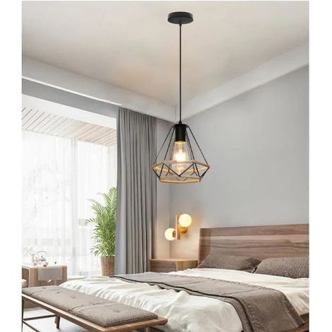 Lustre Suspension Retro,E27 Lampe Luminaire Industrielle en Cage Métal Suspension Plafonnier en Corde de Chanvre pour Salon (1/4)