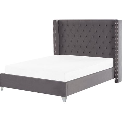 Cama con somier de terciopelo gris plateado 160 x 200 cm listones Lubbon
