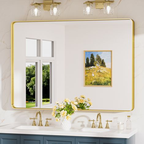Keonjinn Miroir salle de bains 120x90cm en verre trempé résistant, Miroir mural avec cadre en aluminium, WC miroir rectangulaire pouvant être posé verticalement et horizontalement, Doré