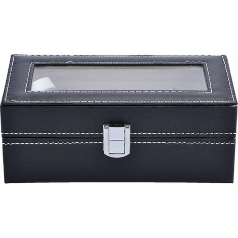 Écrin à Montres Homme Petit 4 Emplacements Noir Cuir Vitrine en Verre Coffret Bijoux Rangement Porte-Montres (1/4)
