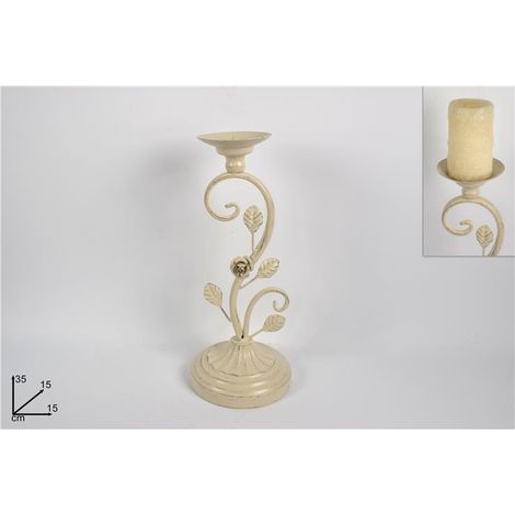 Portacandela Candeliere in Ferro 1 Posto Beige Anticato 35 cm (1/2)