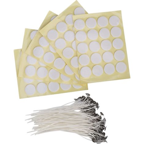 200 mèches de bougie cirées blanches 15 cm + 100 pastilles adhésives double face jaunes, lot de 200 pièces(100 mèches + 100 adhésifs) (1/5)