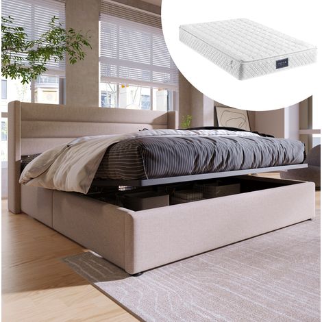 Cama con canapé tapizada en lino beige 140x200 cm con colchón incluido y somier elevable (1/5)