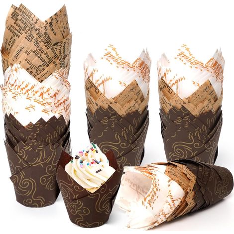 200 Pièces Caissette Muffins Papier Tulipe, Caissettes Cupcake Taille standard, Naturel & Non Blanchi, Moule Muffins Papier pour Cuisson Mariage, Anniversaire, Fête,Parent,Brun Clair (1/5)