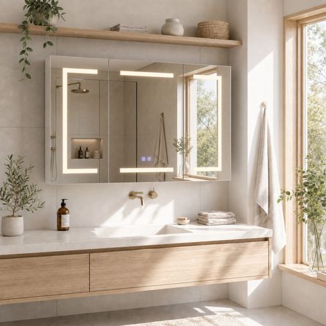 Armoire de salle de bain avec miroir LED 100x13,5x60 cm, Meuble Mural Salle de Bain Armoire, 3 portes et 2 étagères en verre réglables, éclairage 3 modes