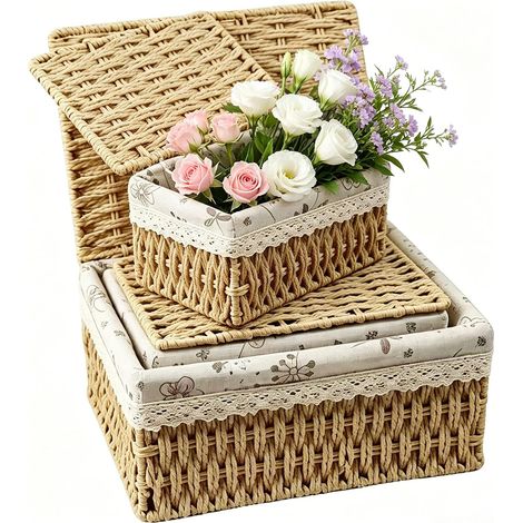3 Pièces Panier en Osier avec Couvercle - Panier Rangement Rectangulaire à Motif Floral - Corbeille Tressé Empilables - Boite Rotin pour Salle de Bain, Cuisine, Décor Maison (1/5)