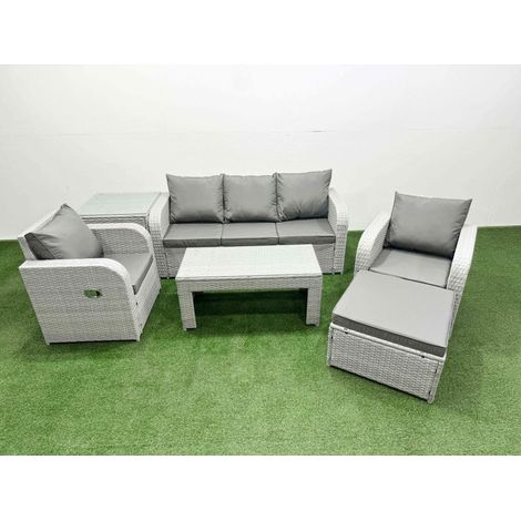 Fimous PE Rattan Garden Furniture Set Reclining Chair Sofa Lounge Sofa Set Rectangular Coffee Table Side Table Big Footstool Light Grey (1/4)