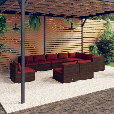 Salon de jardin 10 pcs,Mobilier de terrasse,Table et Chaise pour Relax avec coussins Résine tressée Marron -YZ134149 (1/5)