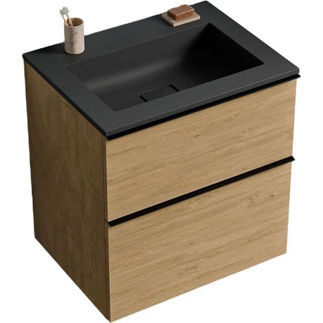 BERNSTEIN - Mueble lavabo suspendido MDF roble miel, lavabo fundición negro mate sin orificio grifería, tirador cromado 60x46x62cm - LAVOA cromo, Roble Miel Oro, Negro mate sin orificio para grifería