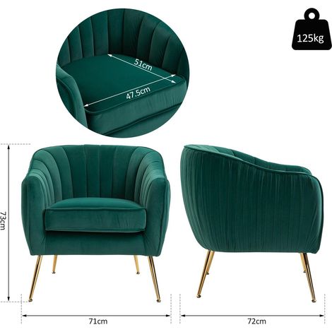 Poltona Imbottita in Velluto 71x72x73 cm Gambe in Metallo Verde