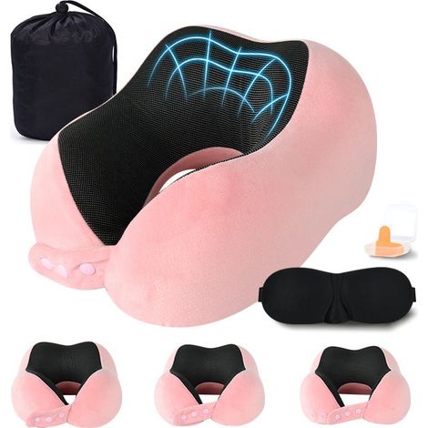 Oreiller de voyage ergonomique en mousse à mémoire forme pour adulte coussin compact et réglable Rose (1/5)