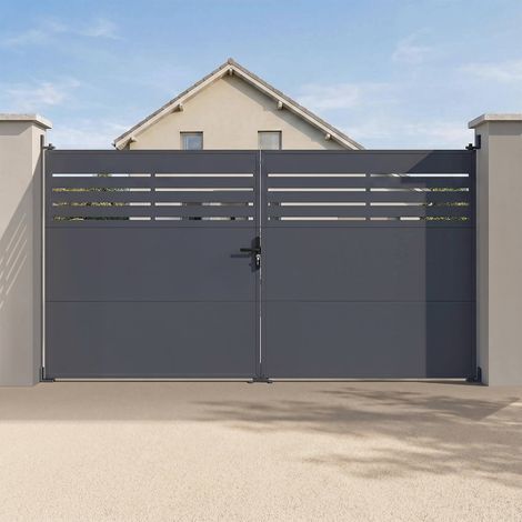 Puerta batiente de 300 x 160 cm de acero calado en gris antracita
