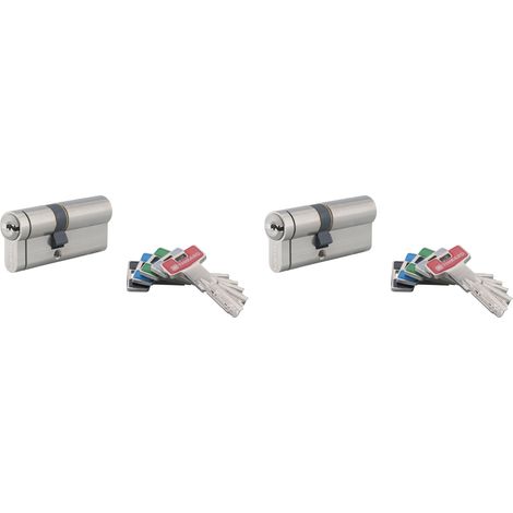 Thirard – Lot de 2 cylindres de serrure double entrée T2 – S'entrouvrant 30x40mm – Anti-perçage – 4 clés longues – Finition nickelée (1/4)