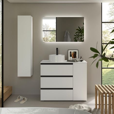 Meuble de salle de bain BEQUIA PLUS 3C 90cm Blanc mat Vasque à poser Porcelaine Côté réversible 1P (1/5)