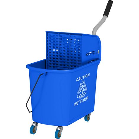 Seau à serpillière de 20 L avec essoreuse et poignée, monté sur roulettes, en plastique bleu.