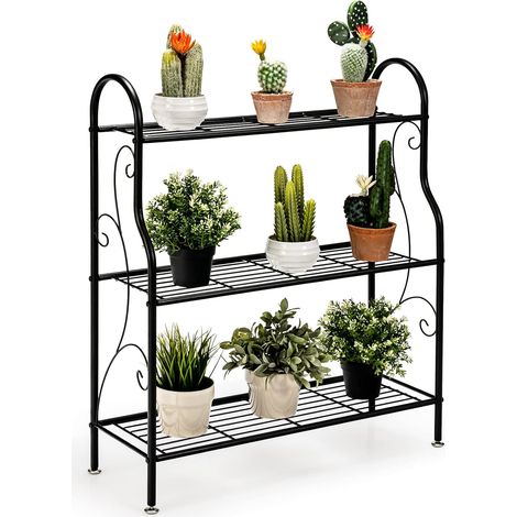 COSTWAY Soporte para Plantas de Metal de 3 Niveles, Estanteria para Macetas Interior y Exterior con Elegante Patrón de Volutas, Estante de Exhibición Multifuncional para Hogar Jardín Balcón Pasillo (1/5)