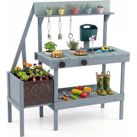 Jardin extérieur enfant : cuisine boue en bois avec robinet, évier et rangements, vert (1/2)