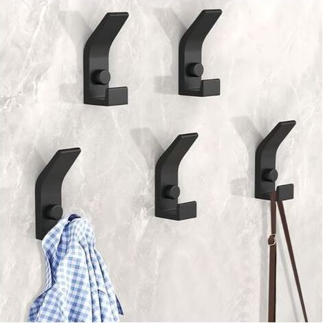 Wandhaken, 5-teiliges Wandgarderoben-Set, praktische Wandhaken mit Schrauben, Doppelhaken-Metallgarderobe für Badezimmer, Schlafzimmer, Kleiderschrank (Schwarz) (1/5)