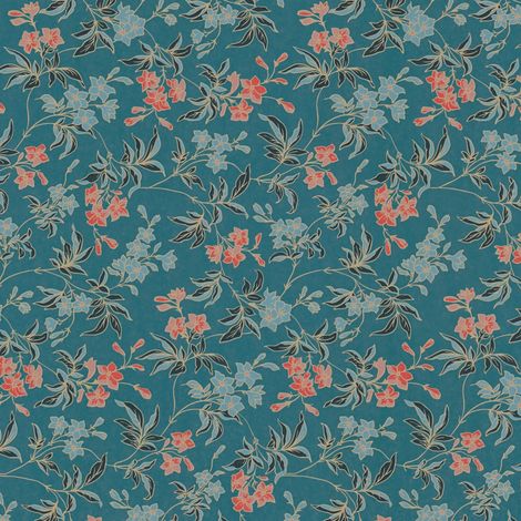 Carta da parati floreale Profhome 390634 Carta da parati TNT liscia con ornamenti floreali opaca blu petrolio arancione-giallo nero 5,33 m2